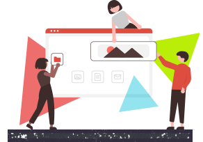 abstract illustration of three people building a website by placing floating elements